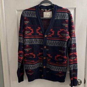 Koto Men's Navy and Red Patterned Cardigan
